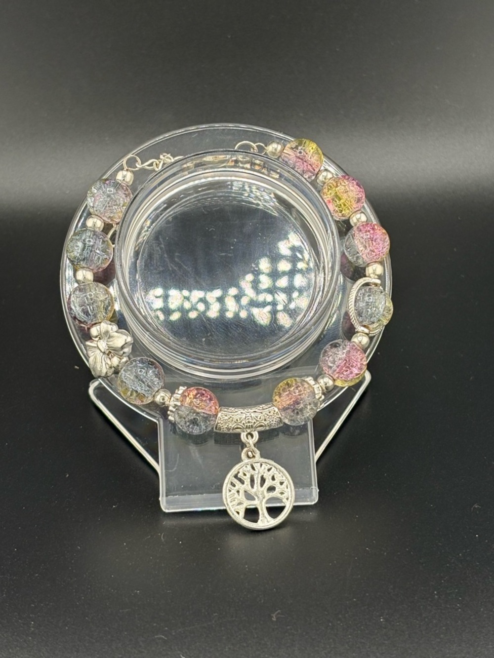 Multicolor Crackle Glass Bead Bracelet with Tree of Life Charm